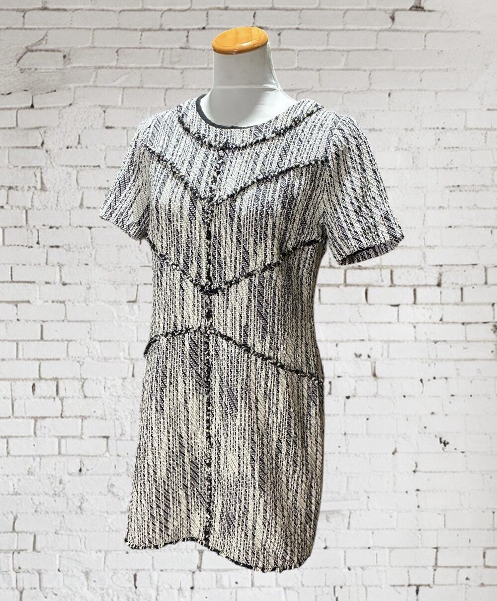 Ali & Jay Dress Womens Size Large Tweed Fringe Short Sleeve Shift Pockets